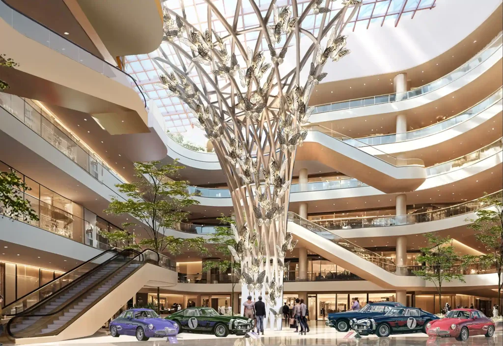 Cars parked inside of mall